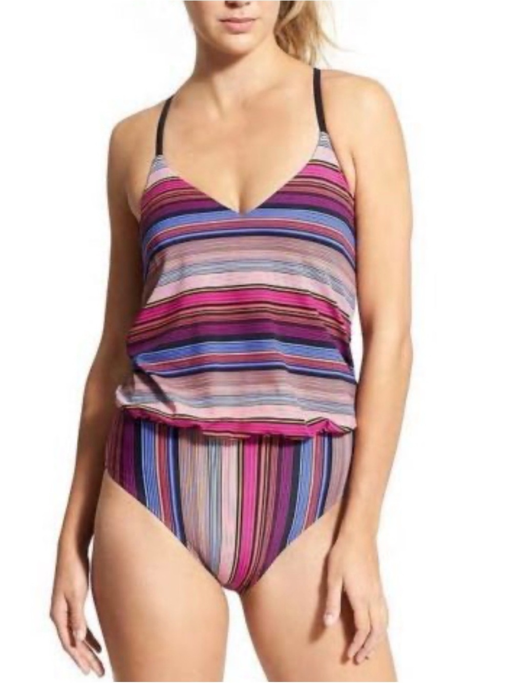 Athleta Capri Stripe Blousy Tankini style One Piece Swimsuit adjustable straps